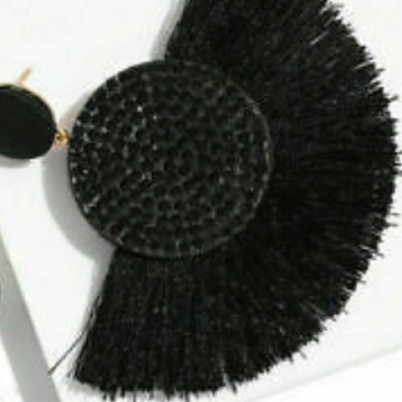 Post Drop Crystal Center Black Fan Fringe Earrings - Picture 3 of 9